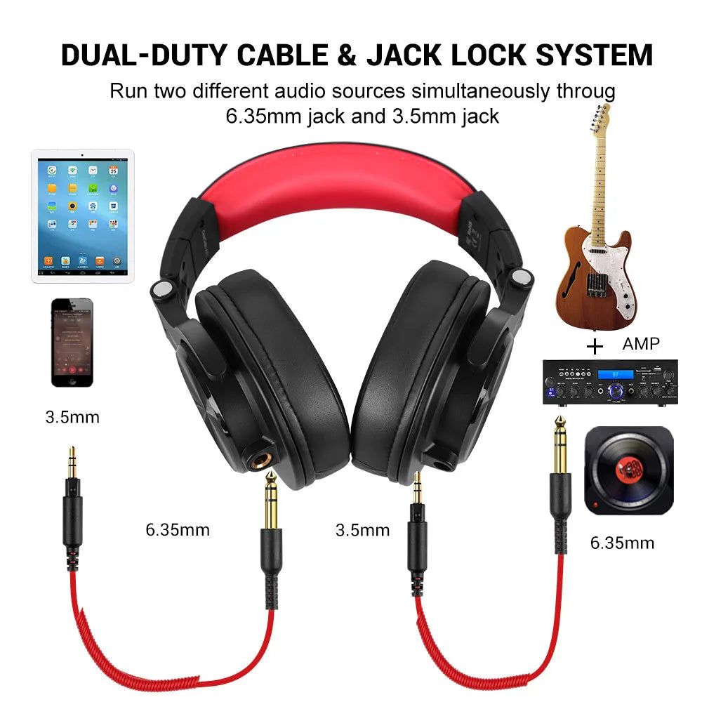 OneOdio over-ear studio monitor headphones with 40mm drivers in black or red colour options.