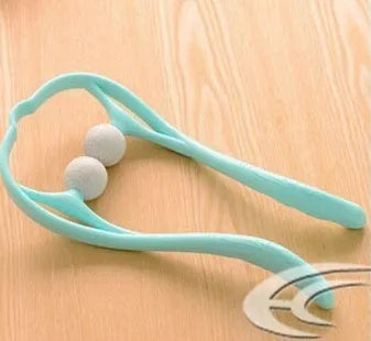 Blue manual neck massager hand roller with swan design and adjustable stand on a white background.