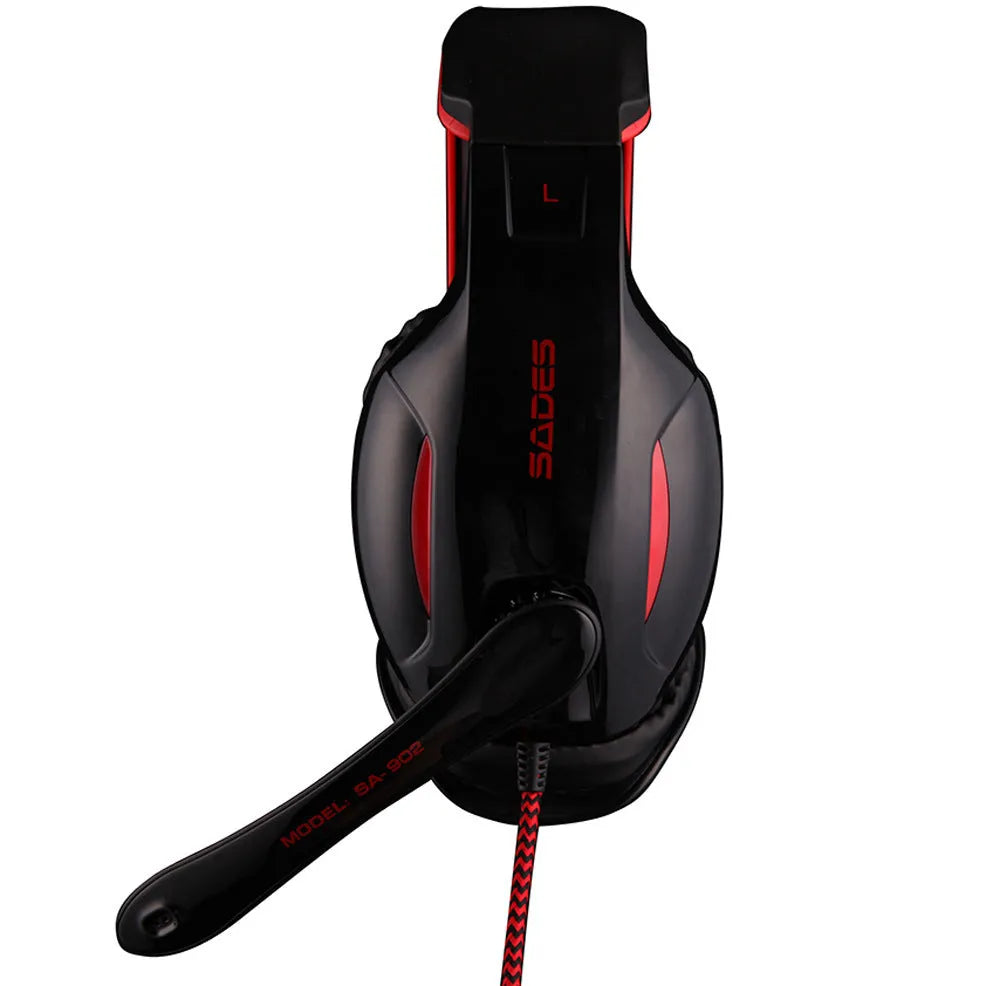 Black SADES SA902 wired USB gaming headset with over-ear cups and adjustable headband on a grey background.