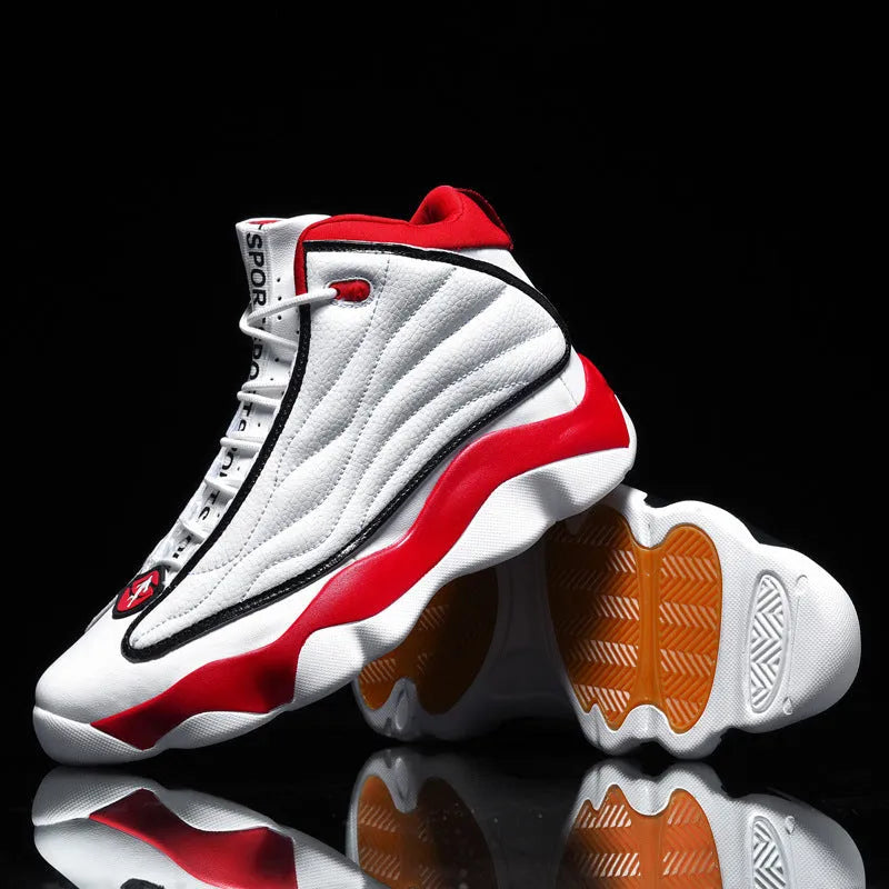 High-top basketball shoes in AJ13 white red colourway with mesh upper and rubber sole