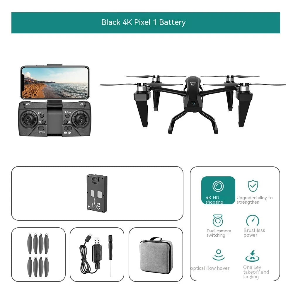 KS66 alloy UAV drone with remote controller, shown in optional white or black with camera, spare propellers, and storage bag.