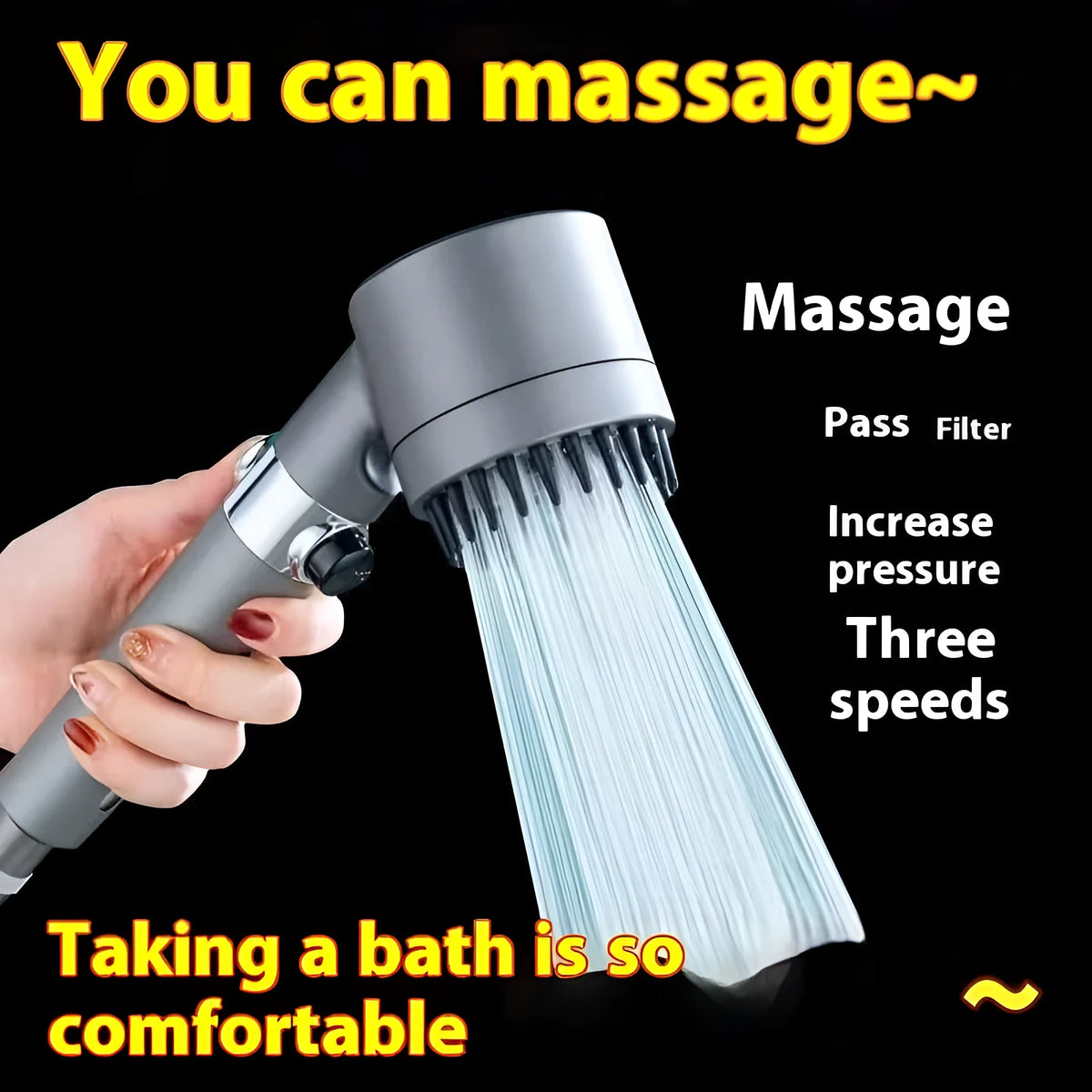 Portable shower head with third gear adjustment dial showing spray, massage, and rain shower functions