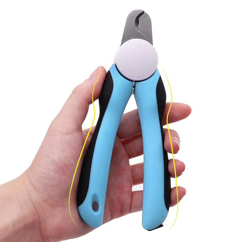 Blue heavy-duty dog nail clippers with a visible safety guard, shown next to a dog's paw.