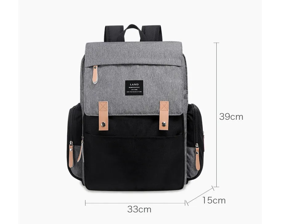 LAND grey Oxford cloth mum diaper backpack with changing mat, shown with dimensions