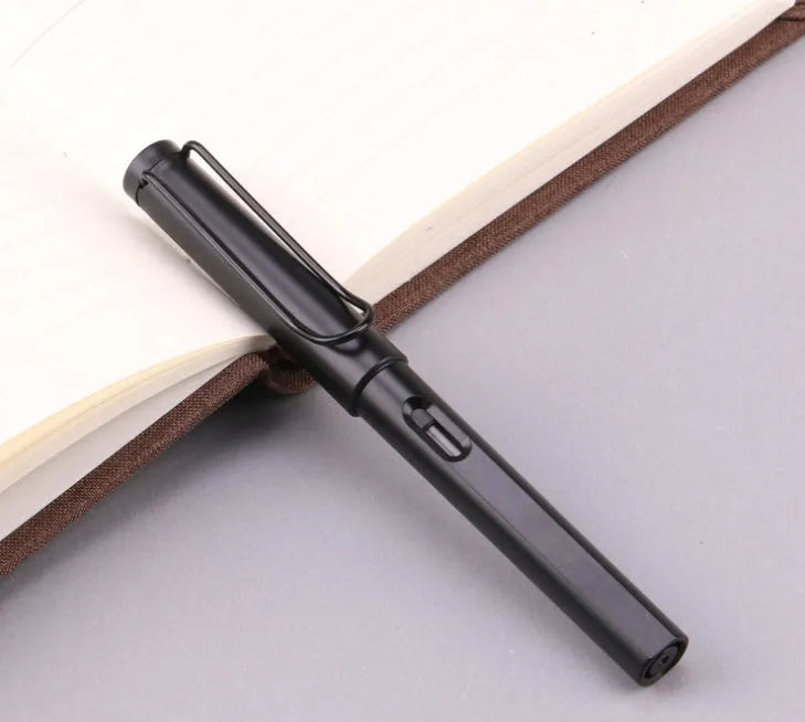 Black and blue fountain pens with frosted ink bag system showing 0.38mm and 0.5mm nib options