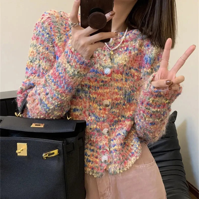 Pink or green retro rainbow pattern slim fit knitted cardigan sweater with regular sleeves