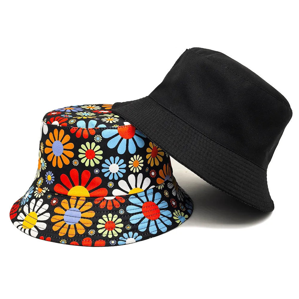 Colourful floral print polyester bucket hat with a dome crown on a white background.