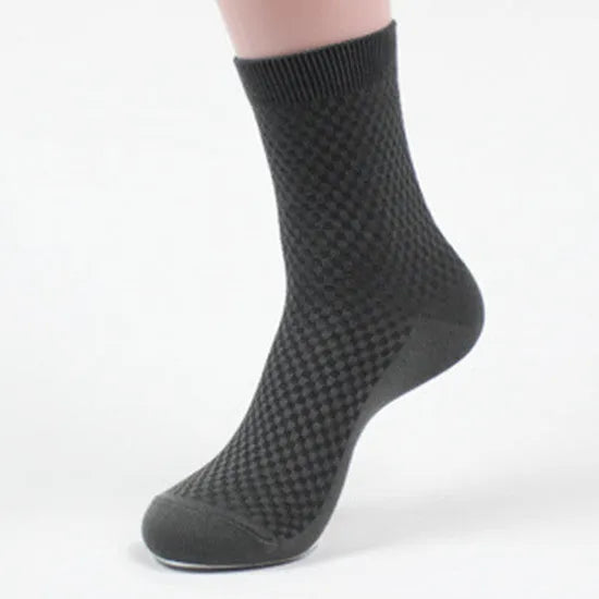 Men's bamboo fibre socks with small square pattern in black, grey, blue, and navy colours