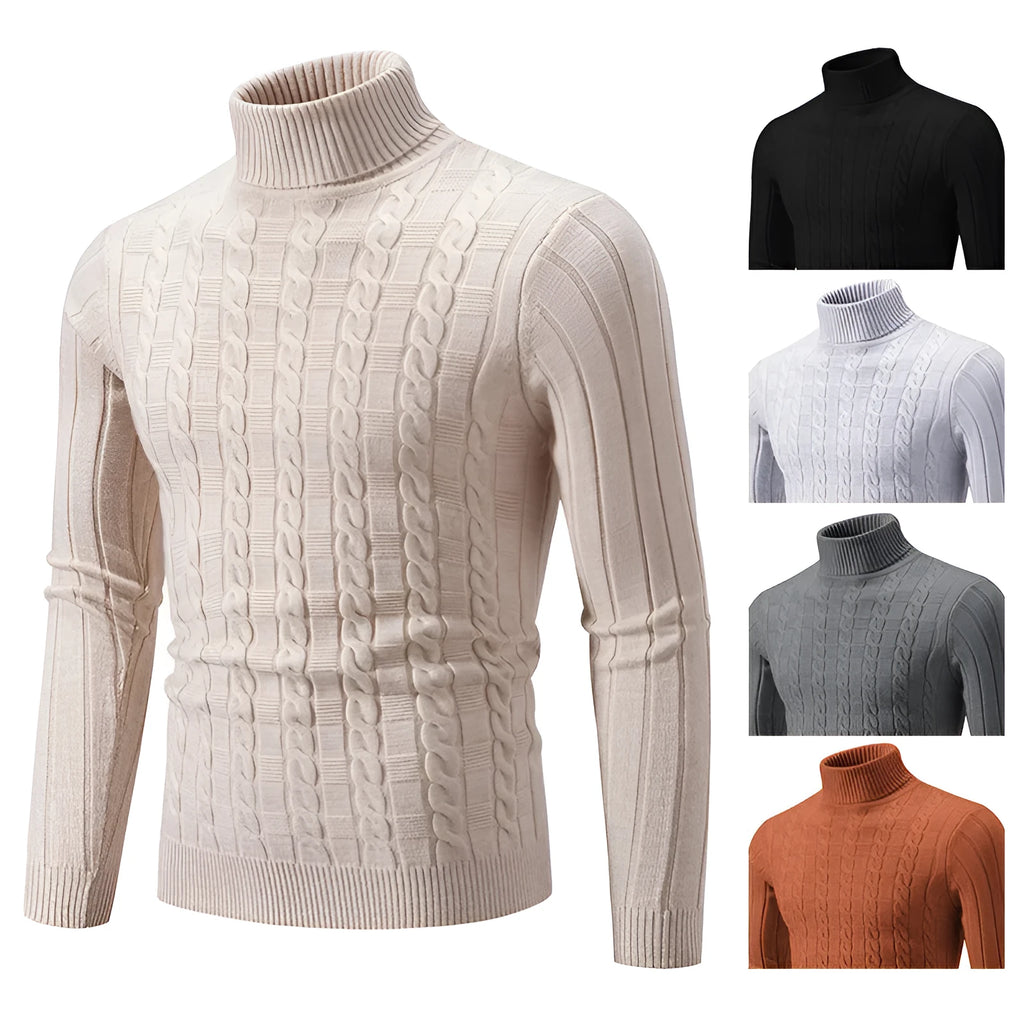 Men's slim fit twist turtleneck pullover sweater in Chenille fabric shown in neutral colour options