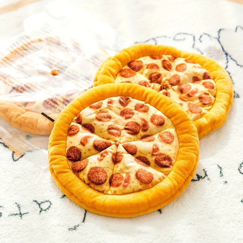 Yellow teddy bear dog chew toy with pizza design details for interactive play and dental care