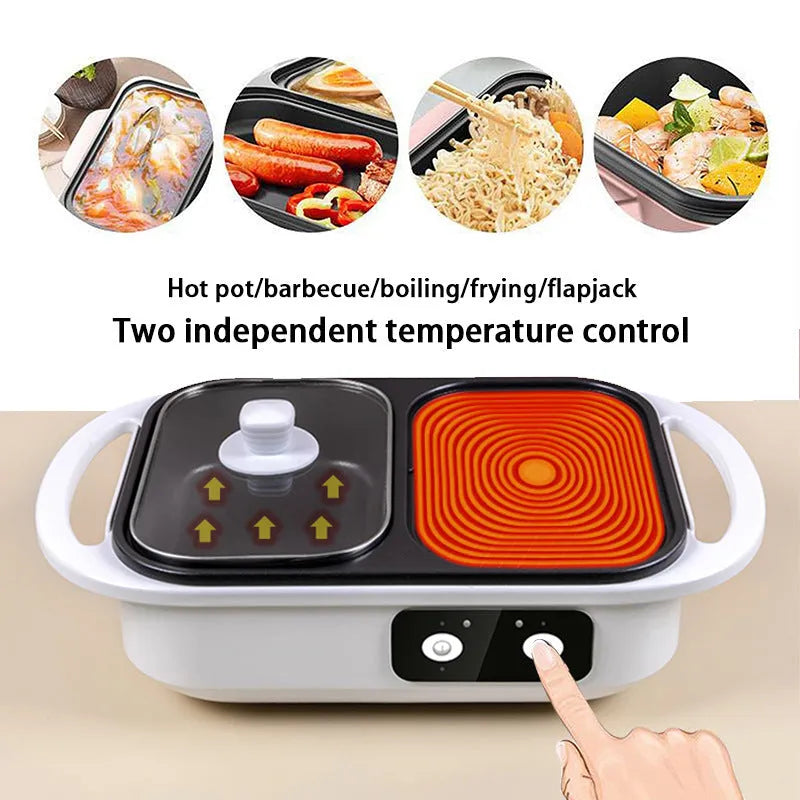White or green electric hot pot appliance with dual caldron and frying oven functions for 2-3 people