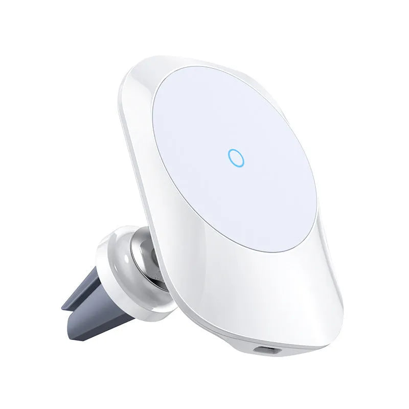 Black magnetic car wireless charger mounted on dashboard with phone attached