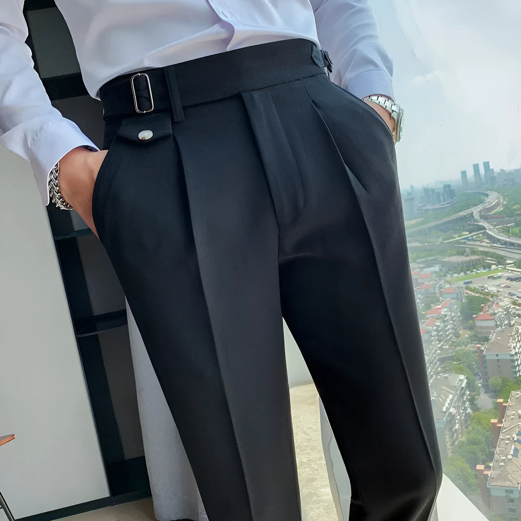Men's straight-leg casual trousers in solid colours on a neutral background.