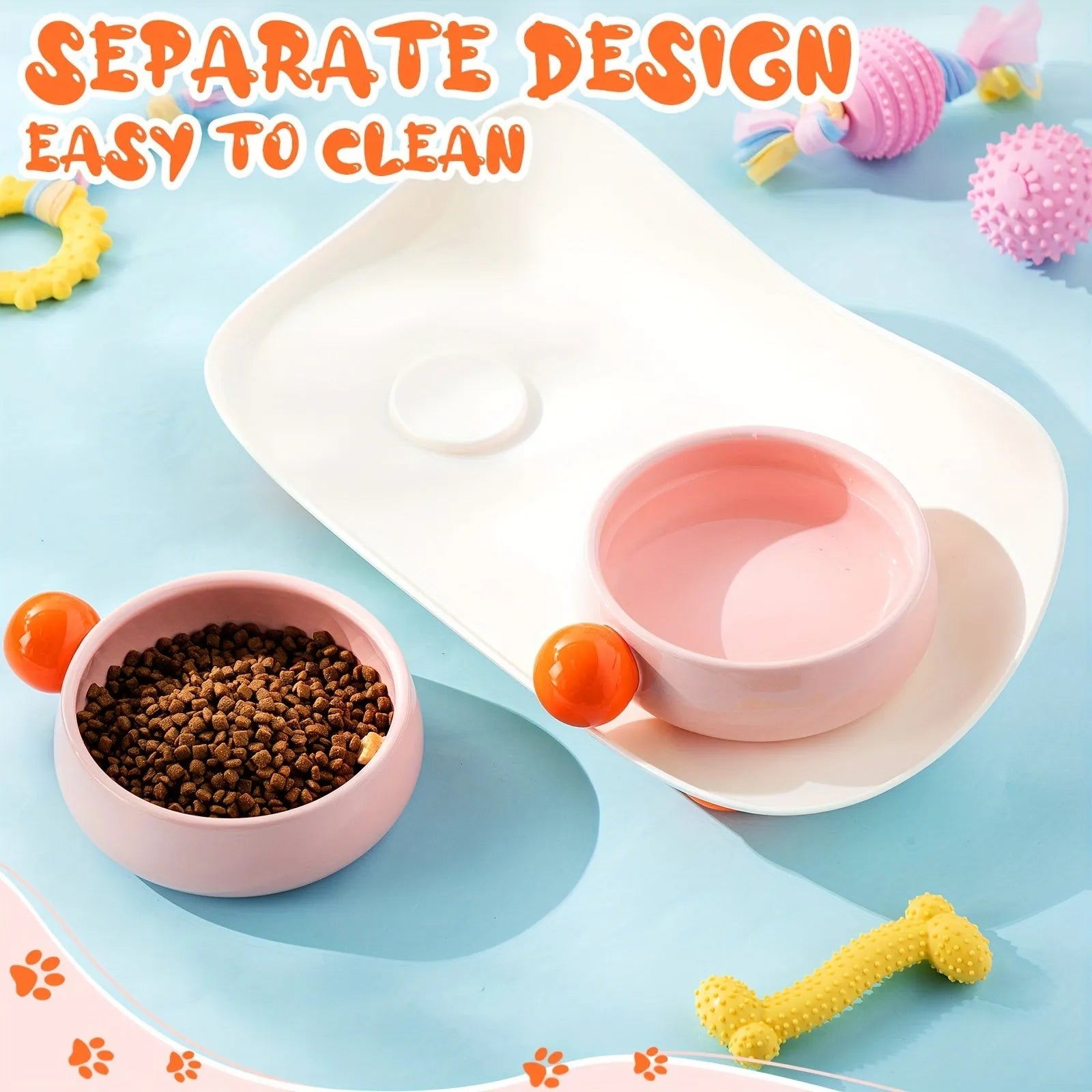 Elevated double ceramic pet bowl set in pink or yellow with non-slip base for cats and small dogs