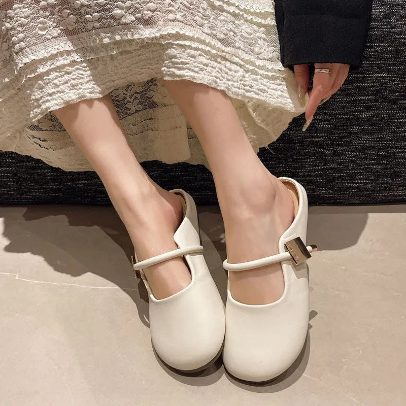 Women's apricot or khaki slip-on semi slipper with square buckle toe cap and PVC sole