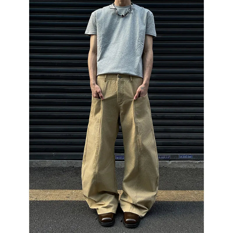 Men's khaki cotton straight leg trousers with American retro styling