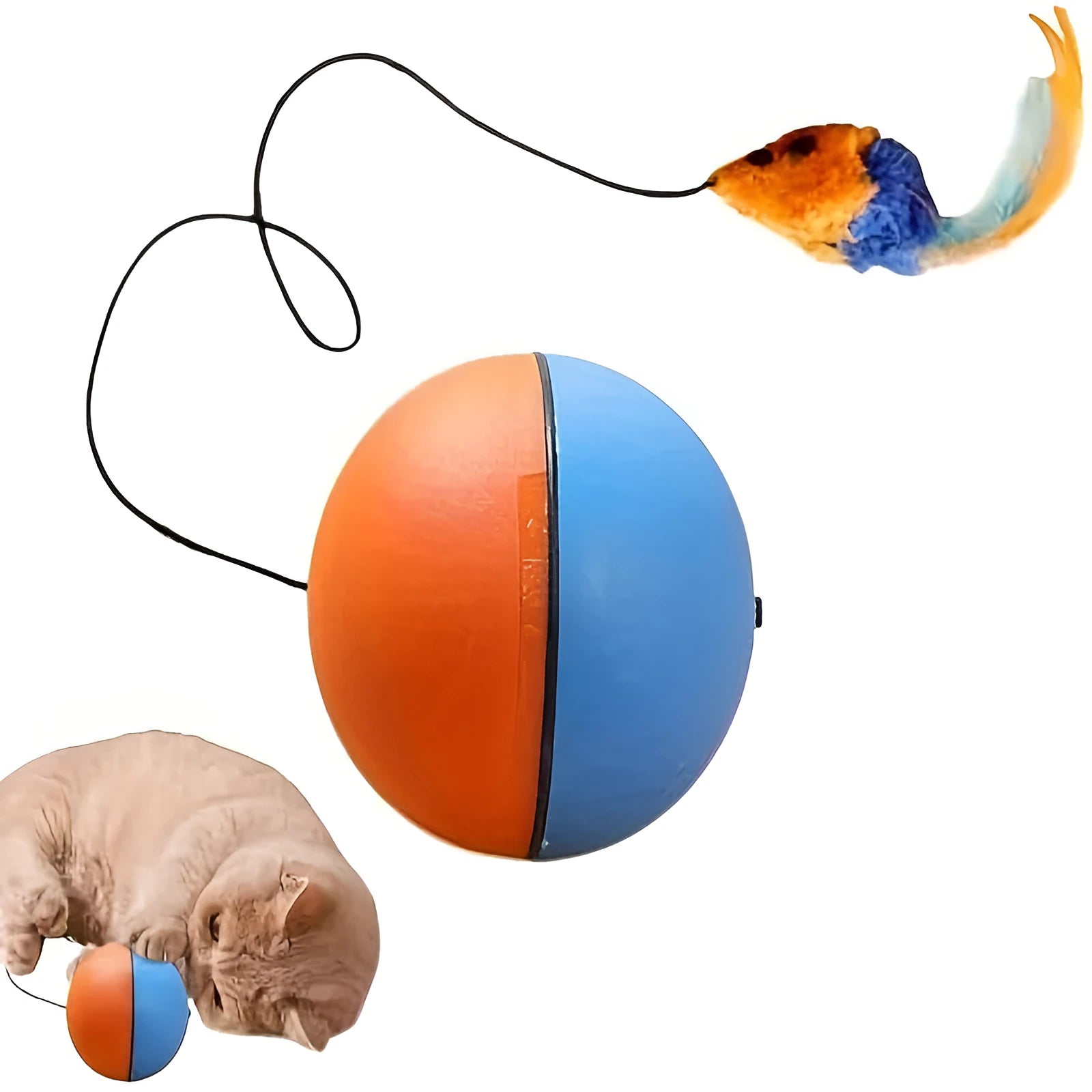 Blue and orange interactive cat toy ball with plush mouse attachment