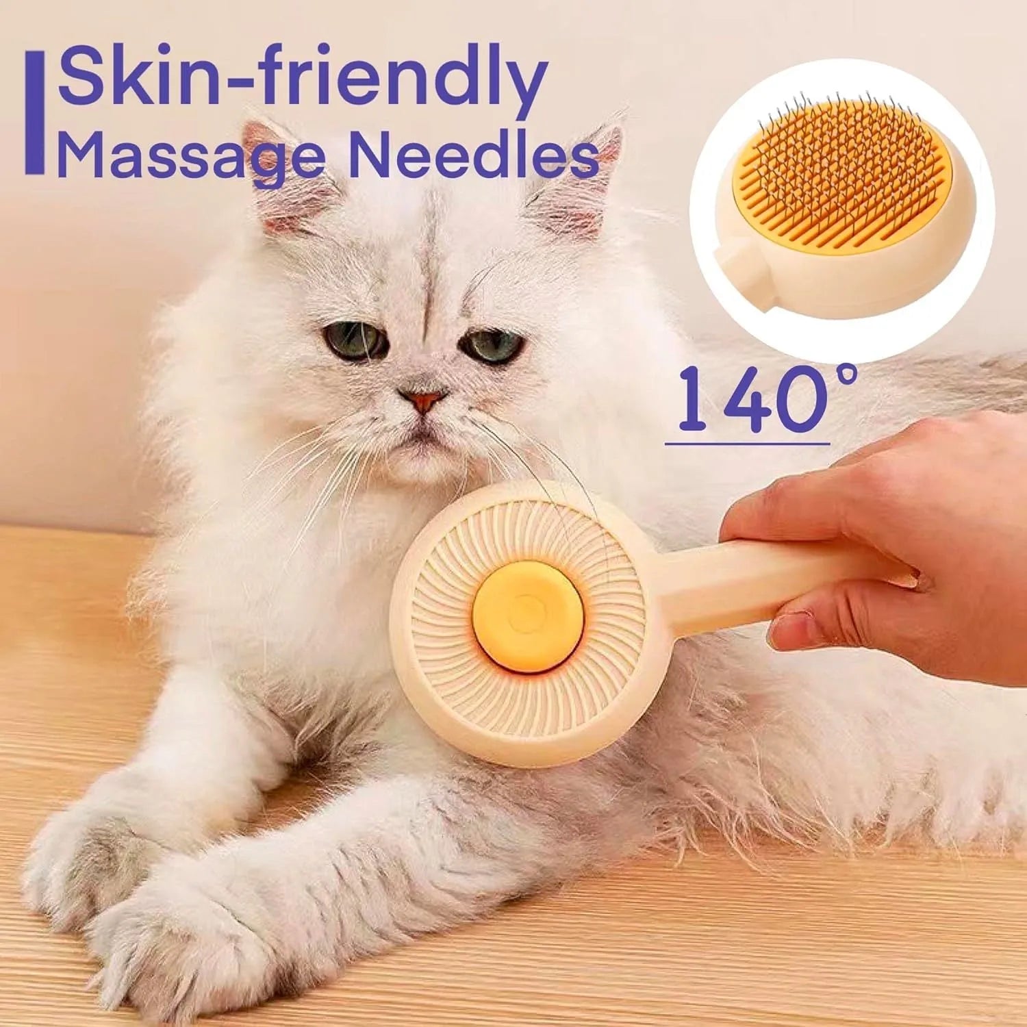 Blue pet grooming brush with metal pins and self-cleaning button for cats and dogs
