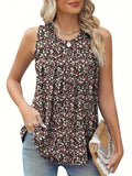 Plus size women's floral print sleeveless vest in black polyester with round neck