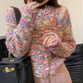 Pink or green retro rainbow pattern slim fit knitted cardigan sweater with regular sleeves