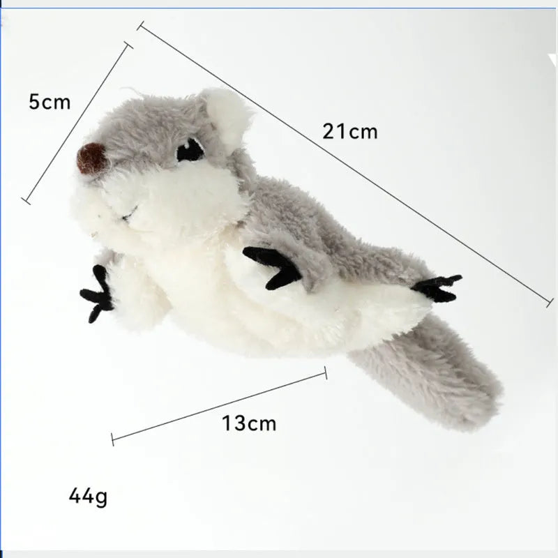 Grey flapping squirrel cat toy with waving wings and realistic sound effects