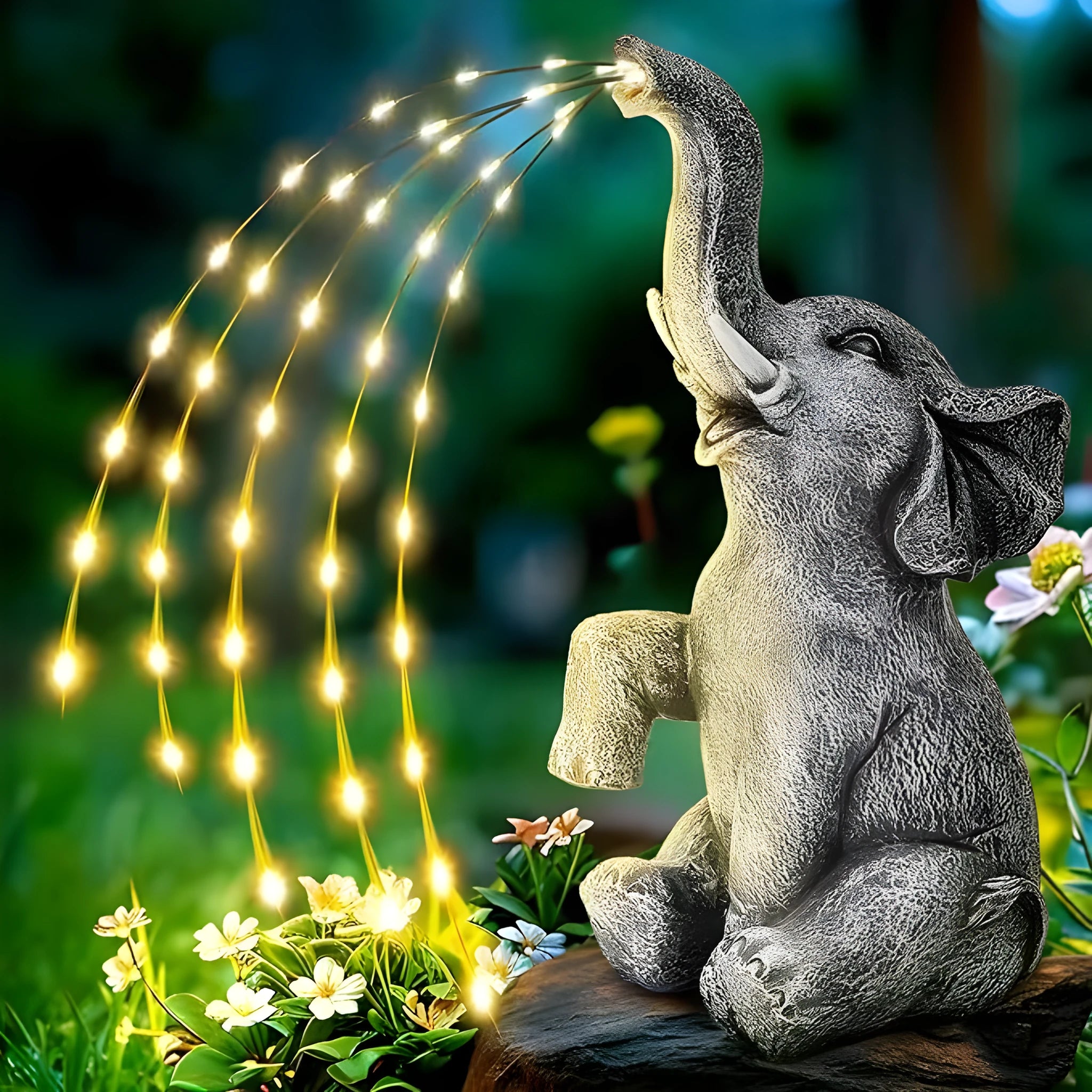 Resin elephant garden sculpture with integrated light strip for outdoor patio decoration