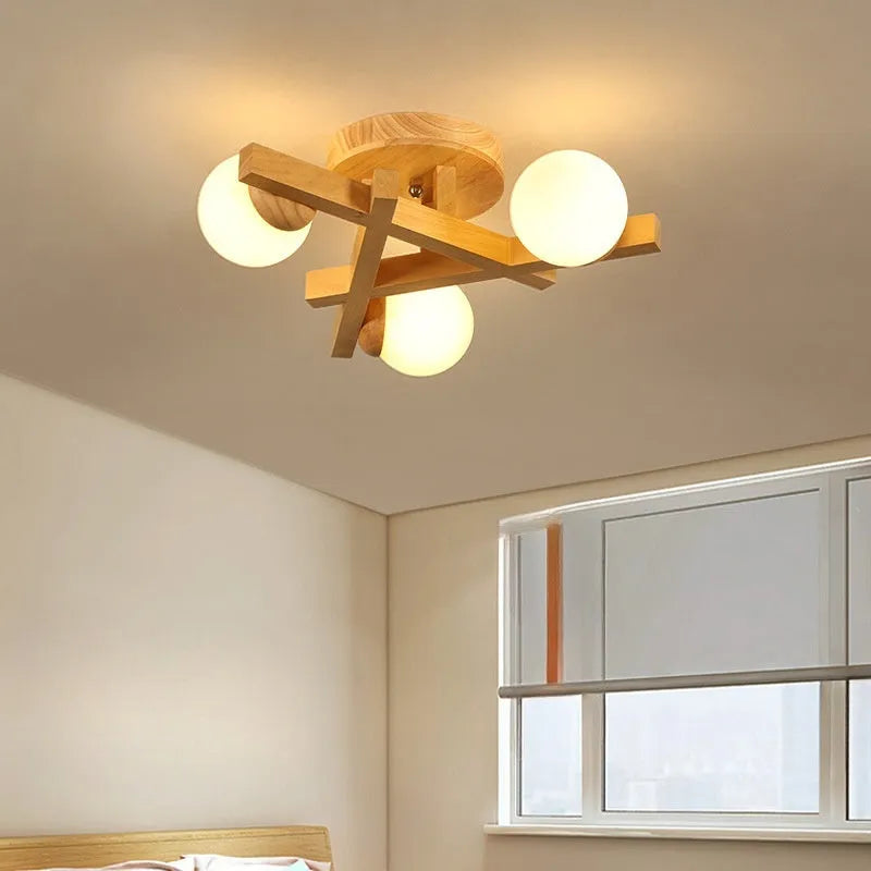 Wooden style living room ceiling light with three adjustable heads in Nordic modern design