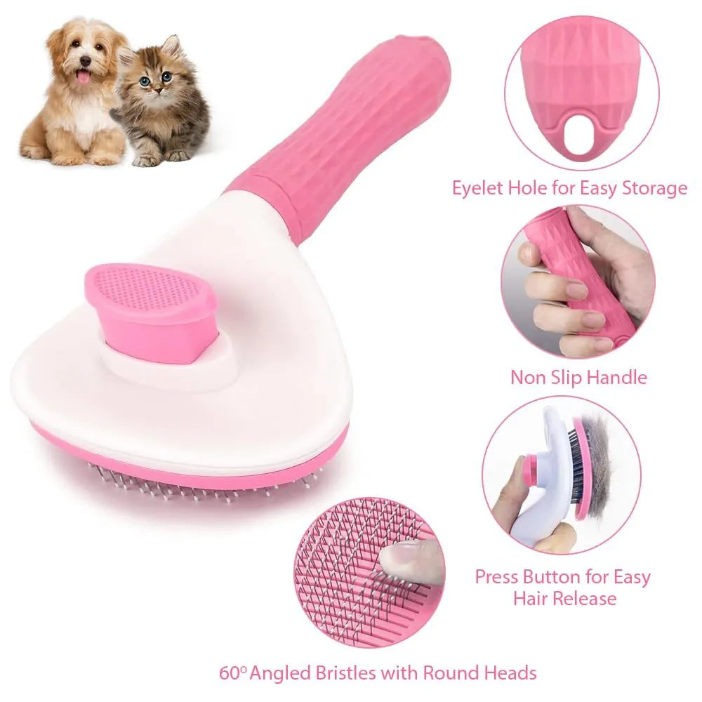 Cat grooming brush with release button in blue, grey, or pink, showing fine wire bristles
