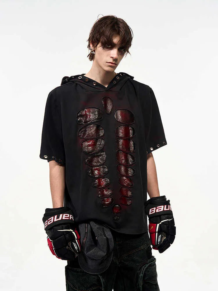 Black men's hooded short-sleeve t-shirt with sequin details, shown in a loose fit.