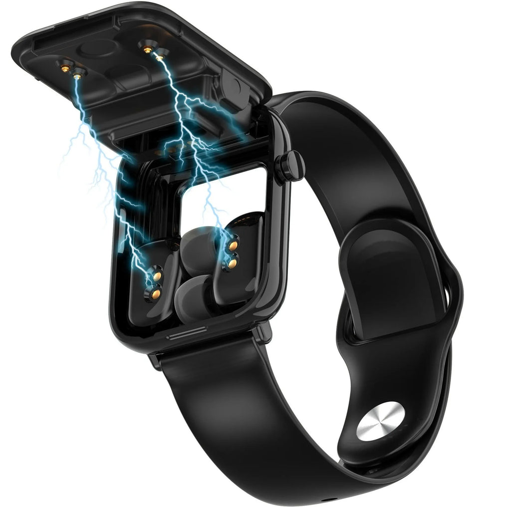 Black all-touch smartwatch with integrated Bluetooth earpieces, showing a 1.69-inch display on a zinc alloy body.