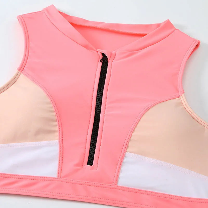 Pink high waist split bikini swimsuit with seamless briefs design on mannequin