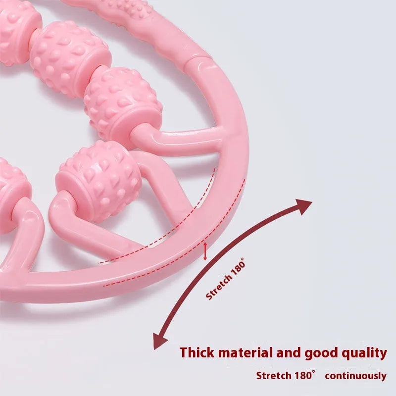Leg massager roller with clip ring in various colours showing multi-wheel design for muscle relaxation