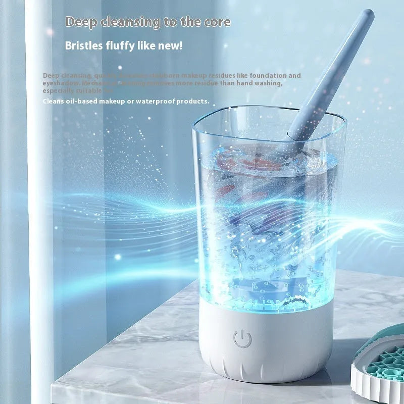 White rechargeable electric makeup brush cleaner with USB charging cable