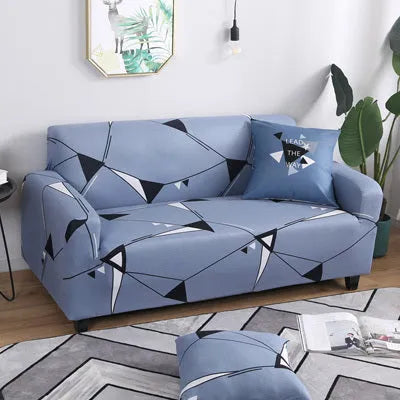 Printed geometric pattern sofa slipcover on a three-seater sofa in modern style
