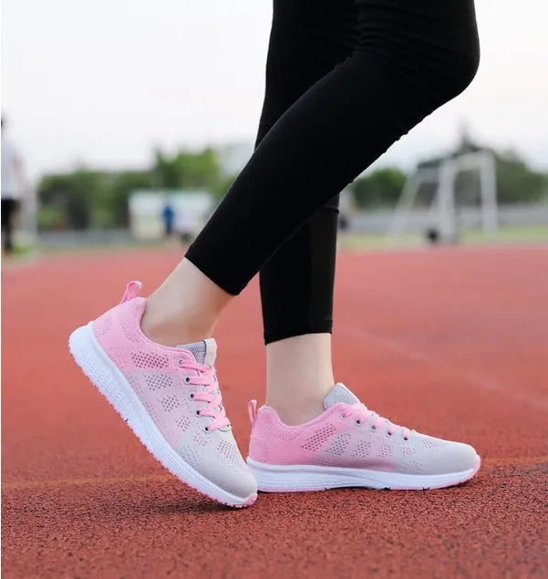 Women's breathable mesh sports shoes in black, pink or rose red with flat heel and MD sole, sizes EU 35-39