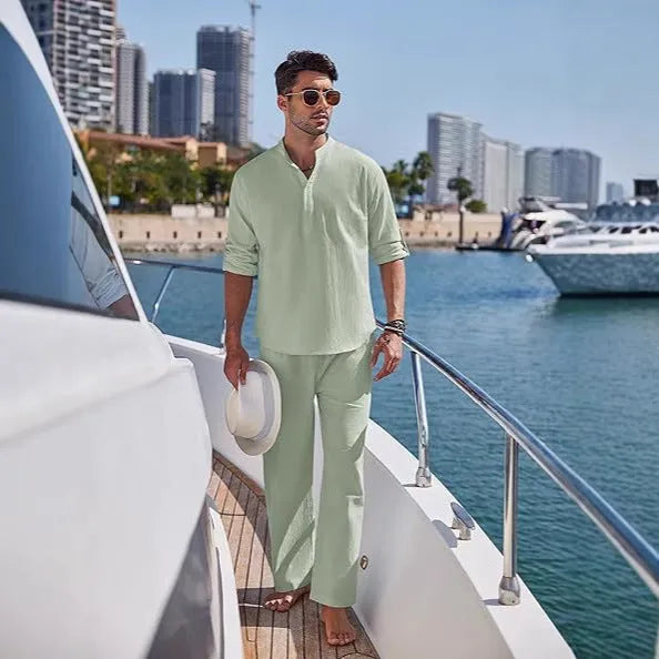 Men's cotton casual suit in solid colour with long sleeves and trousers for leisure wear