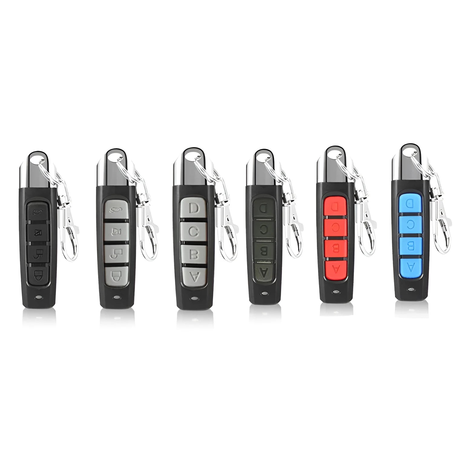 A rolling door remote control in a choice of colours showing its compact rectangular shape.