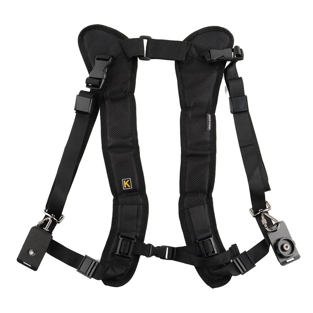 Black professional dual shoulder strap for two SLR cameras, showing nylon construction and padded shoulders.