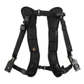 Black professional dual shoulder strap for two SLR cameras, showing nylon construction and padded shoulders.