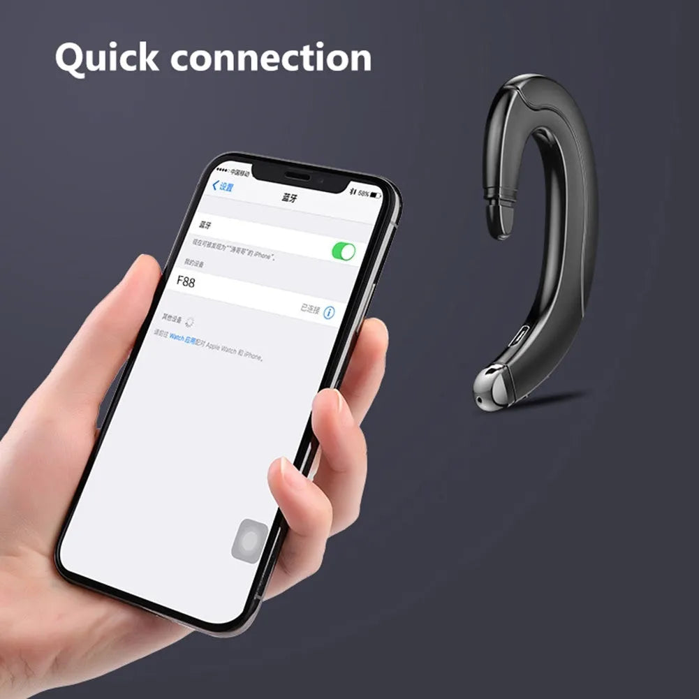 Single ear Bluetooth headset in black, blue, or red colours, mounted for driving use with bone conduction technology.