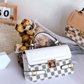 Retro ethnic pattern square crossbody bag in horizontal format with stitching detail and file bag interior