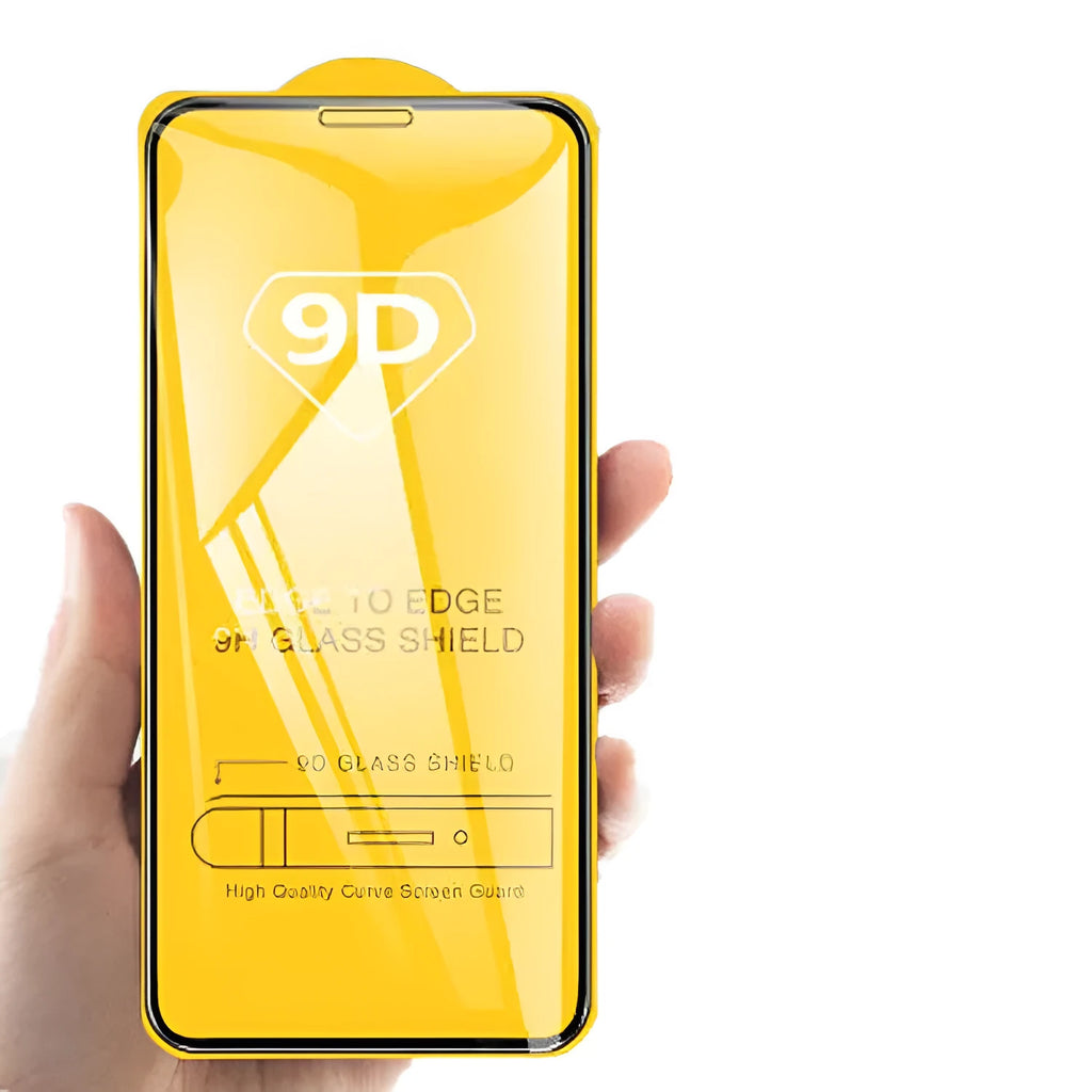 Black full screen glass tempered film protector for Xiaomi smartphones on a white background