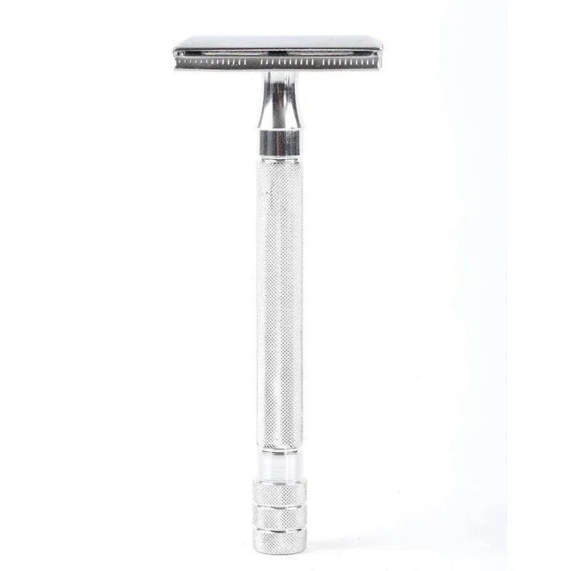 Manual barber shaving razor and brush combination set in traditional metal construction