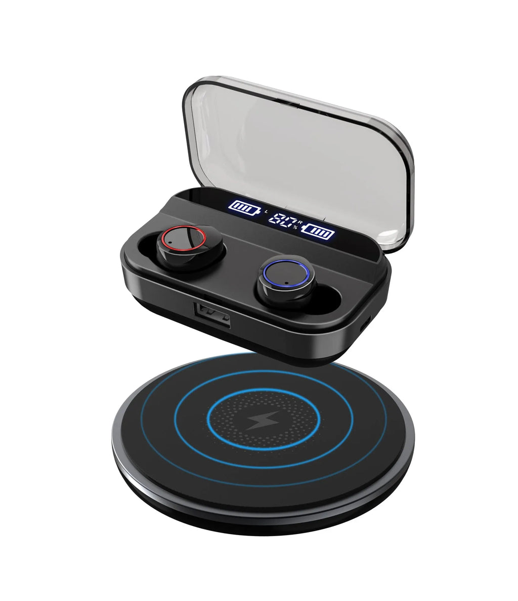 Black X11 wireless Bluetooth earbuds with charging case and six silicone ear sleeves on a white background.