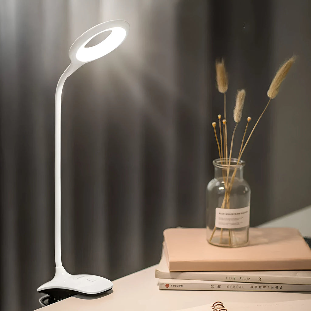 Green USB rechargeable touch table lamp with LED light source on wooden desk