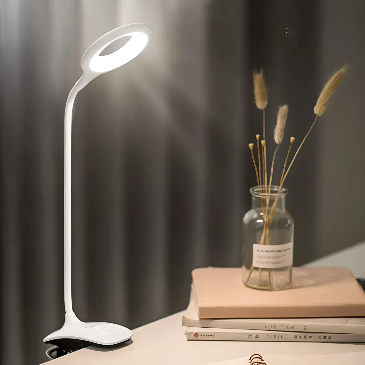 Green USB rechargeable touch table lamp with LED light source on wooden desk