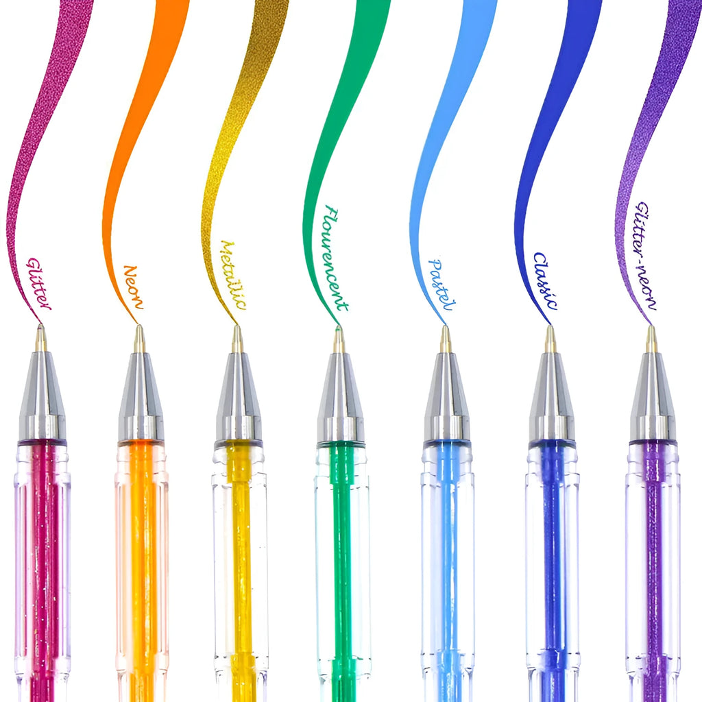 100 colour gel pen set with watercolour effects and dual tip sizes in plastic barrels