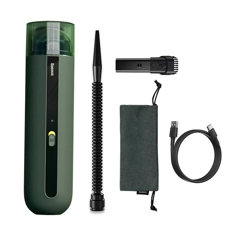 Baseus handheld cordless car vacuum cleaner in black, white, or green with blowing hose attachment.