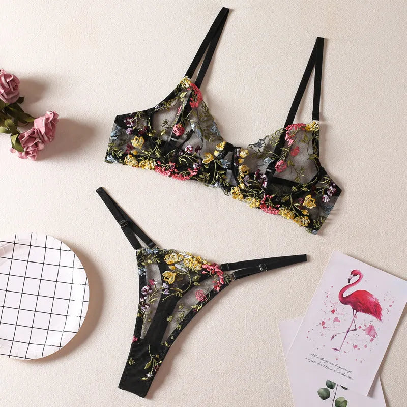 Floral mesh bra set with steel ring T-back design in multiple colours