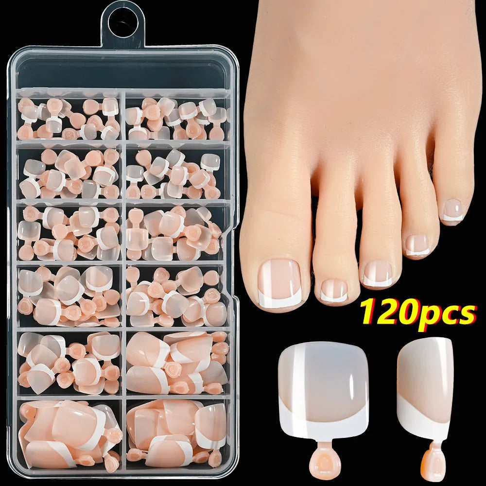 Box of 120 square short false nail pieces with French white edge design in nude colours